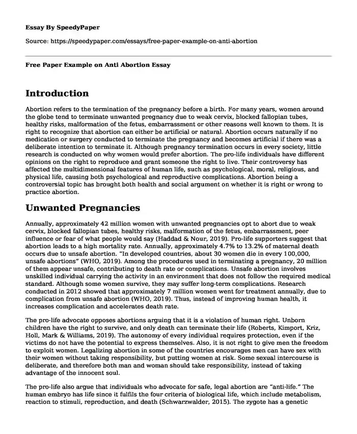 Free Paper Example on Anti Abortion