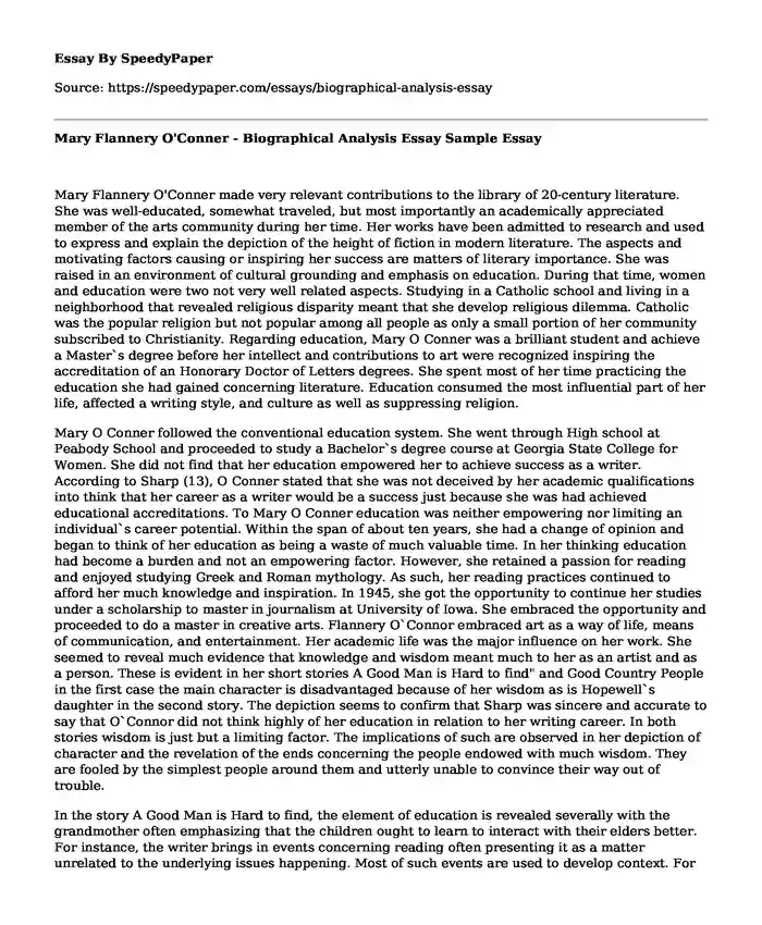 Mary Flannery O'Conner - Biographical Analysis Essay Sample