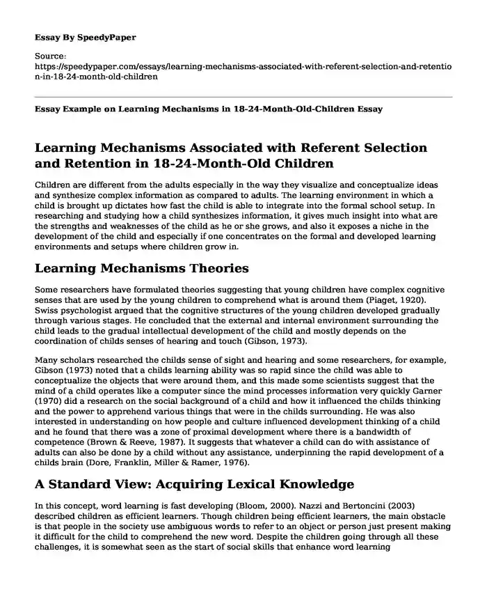 Essay Example on Learning Mechanisms in 18-24-Month-Old-Children 