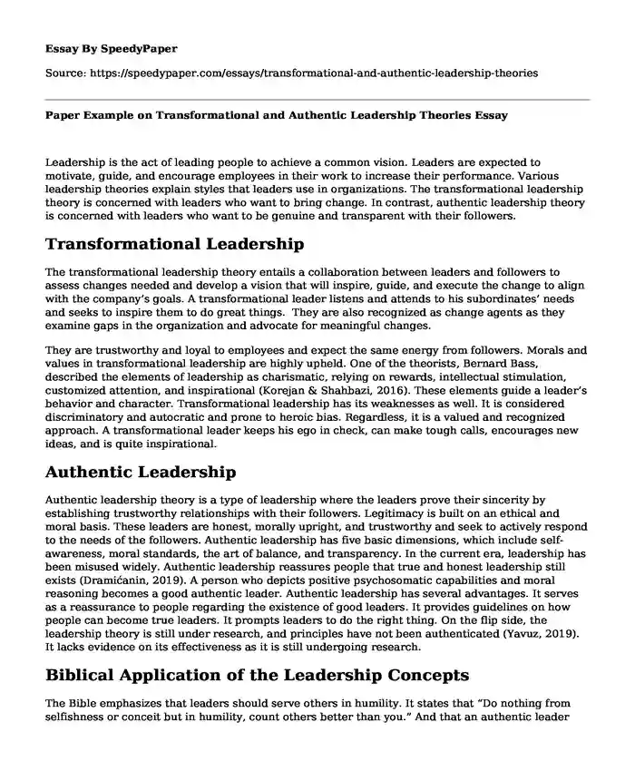Paper Example on Transformational and Authentic Leadership Theories