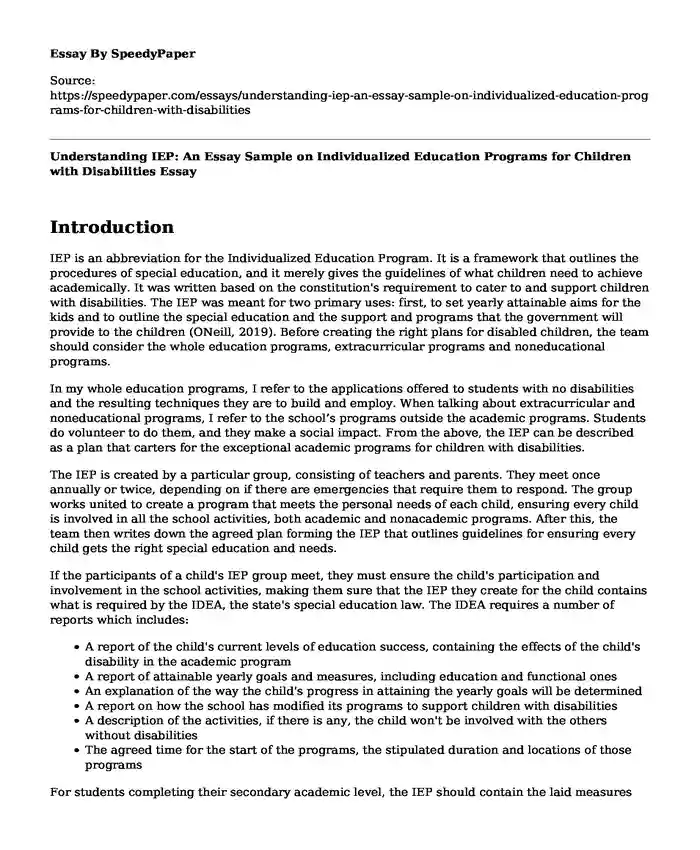 Understanding IEP: An Essay Sample on Individualized Education Programs for Children with Disabilities