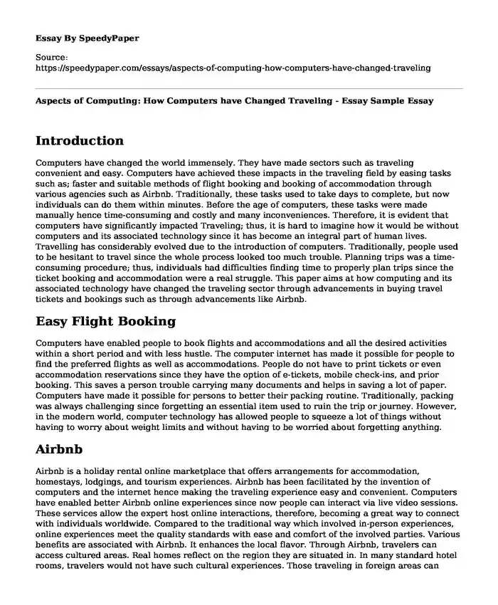Aspects of Computing: How Computers have Changed Traveling - Essay Sample