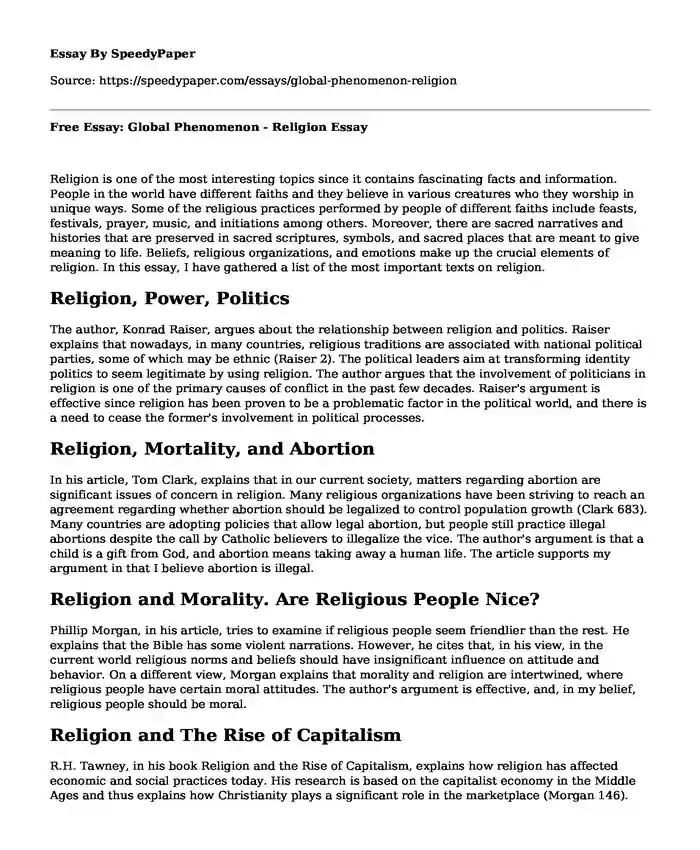 Free Essay: Global Phenomenon - Religion