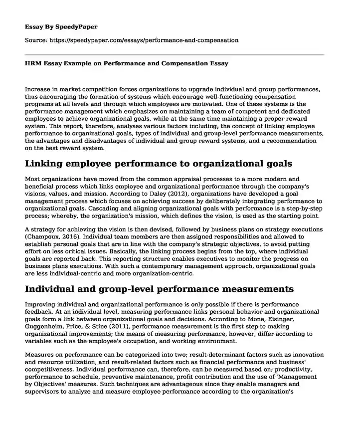 HRM Essay Example on Performance and Compensation
