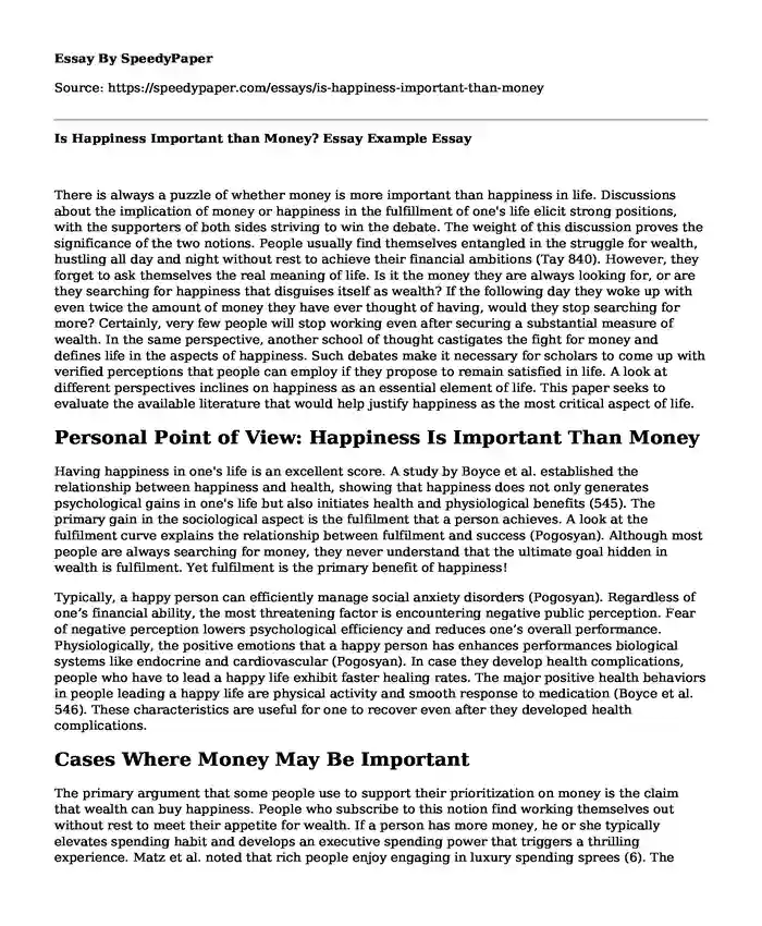 Is Happiness Important than Money? Essay Example