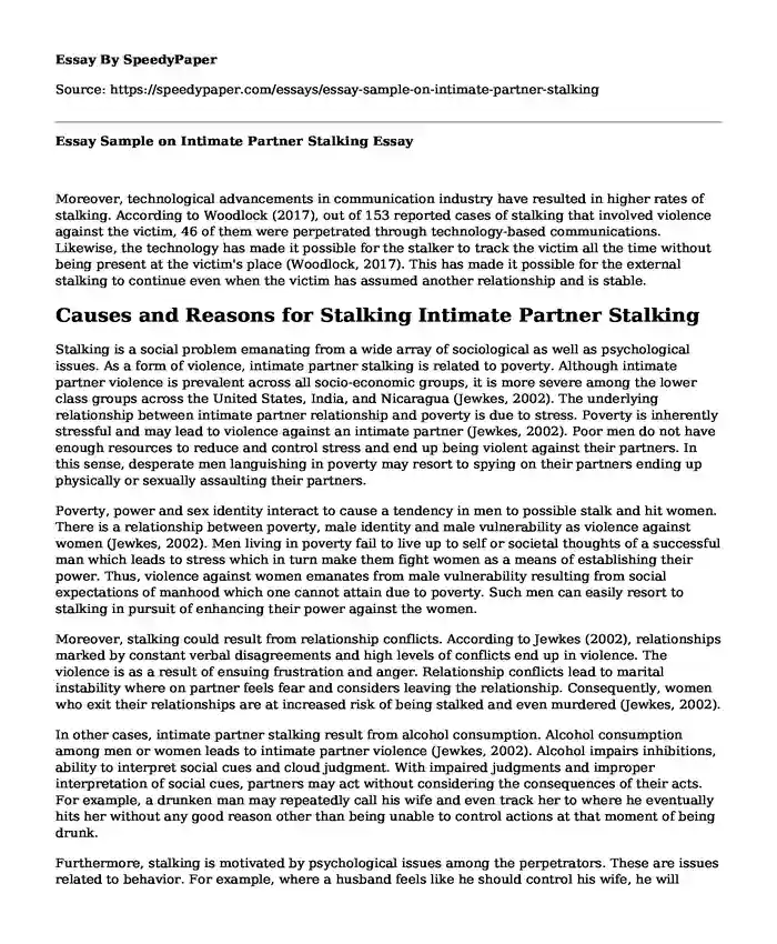 Essay Sample on Intimate Partner Stalking