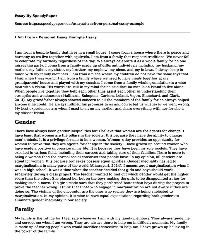 I Am From - Personal Essay Example
