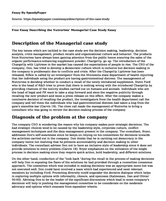 Free Essay Describing the Nutrorims' Managerial Case Study