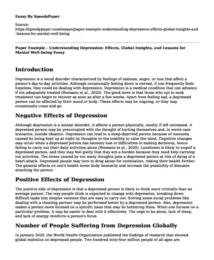 Paper Example - Understanding Depression: Effects, Global Insights, and Lessons for Mental Well-being