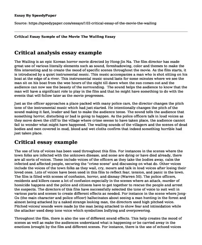 Critical Essay Sample of the Movie The Wailing