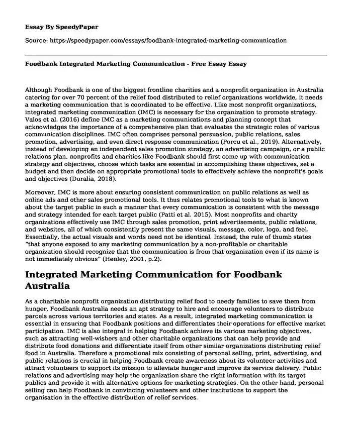 Foodbank Integrated Marketing Communication - Free Essay