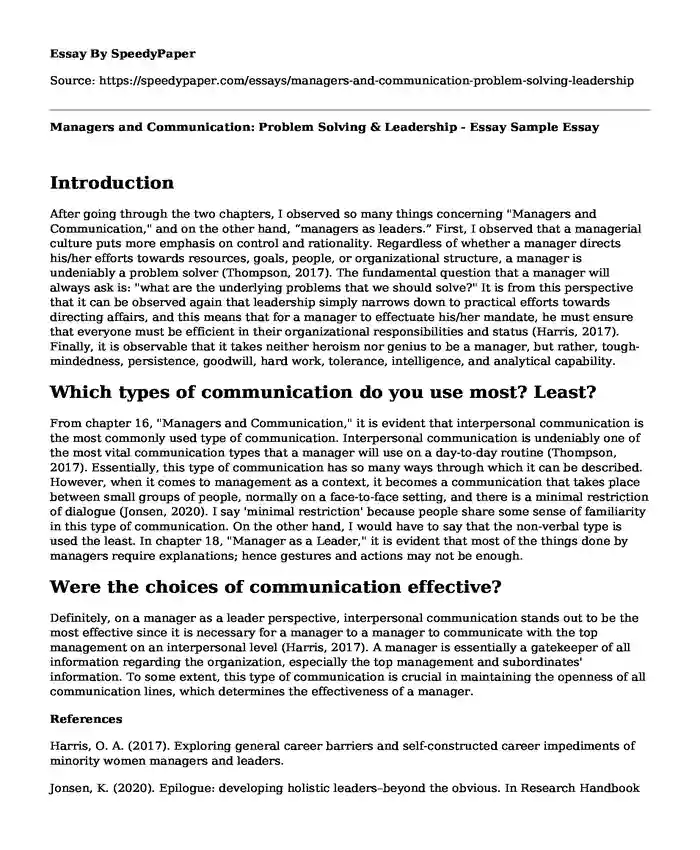 Managers and Communication: Problem Solving & Leadership - Essay Sample