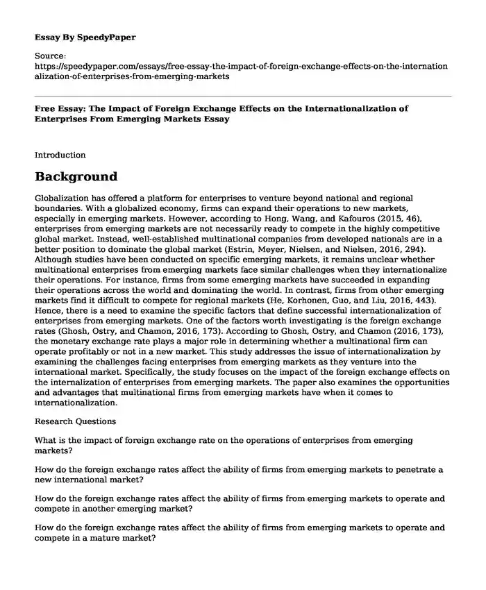 Free Essay: The Impact of Foreign Exchange Effects on the Internationalization of Enterprises From Emerging Markets