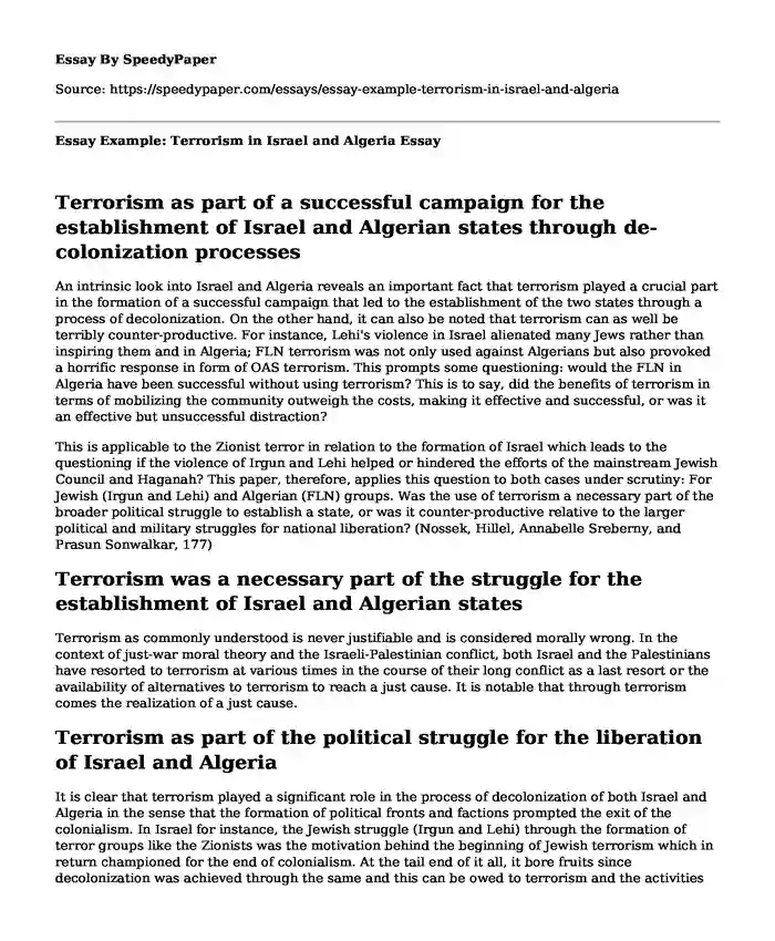 Essay Example: Terrorism in Israel and Algeria
