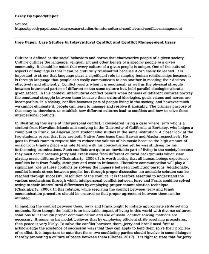 Free Paper: Case Studies in Intercultural Conflict and Conflict Management