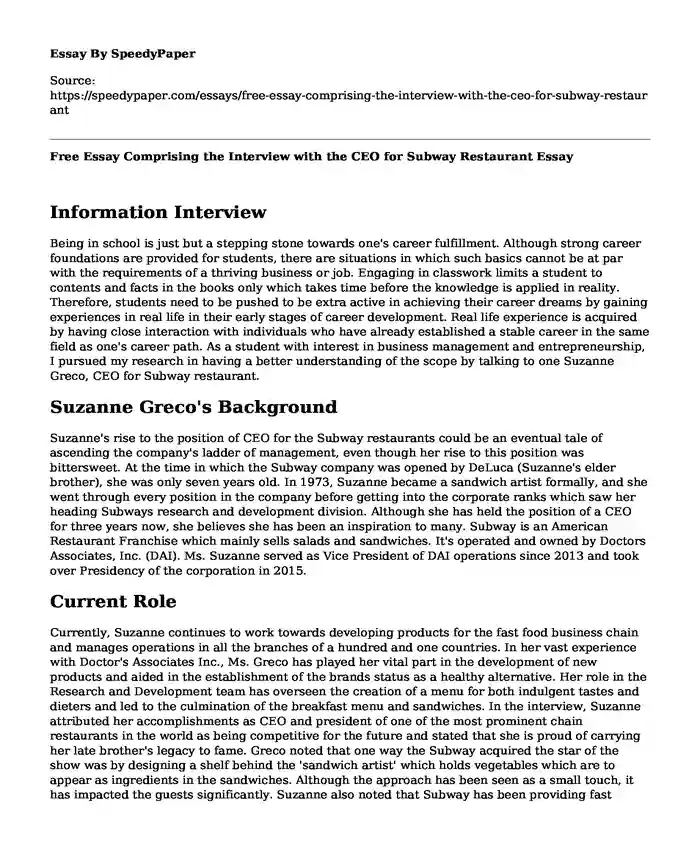 Free Essay Comprising the Interview with the CEO for Subway Restaurant