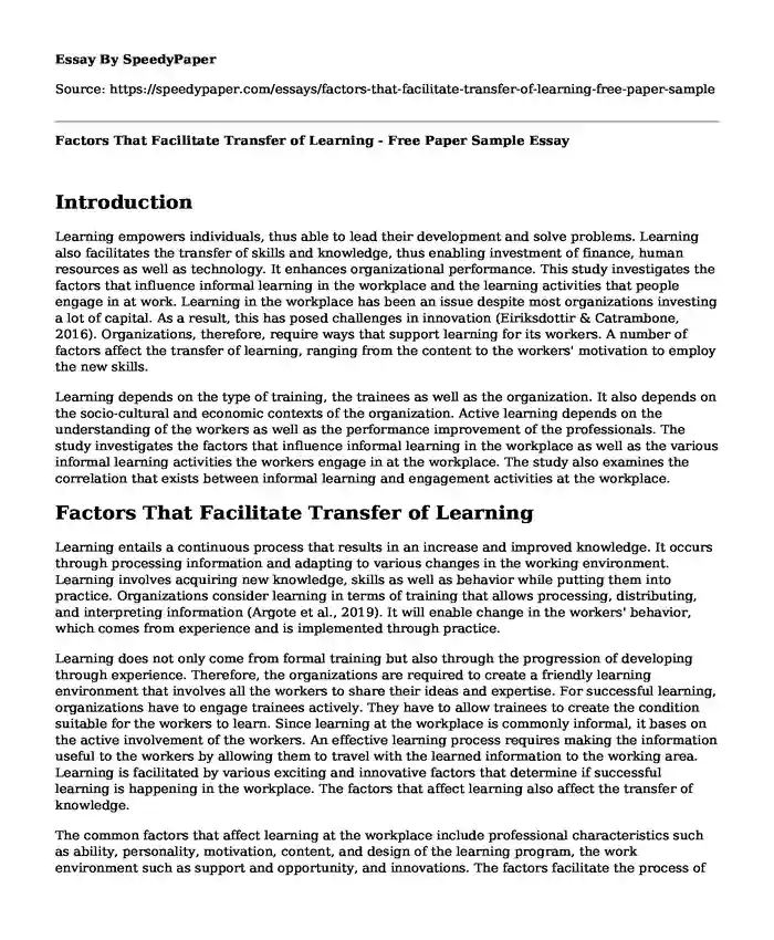 Factors That Facilitate Transfer of Learning - Free Paper Sample