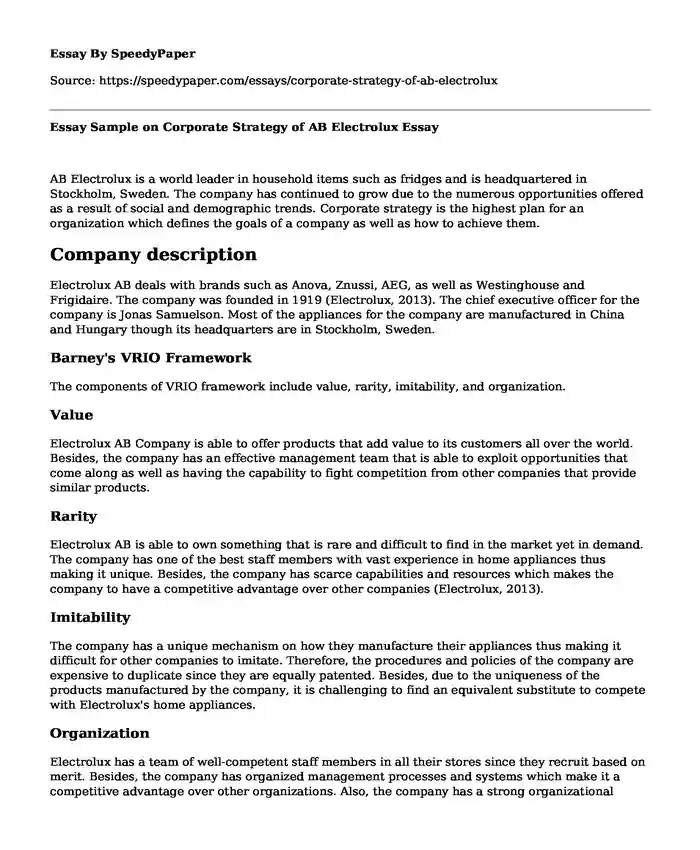 Essay Sample on Corporate Strategy of AB Electrolux