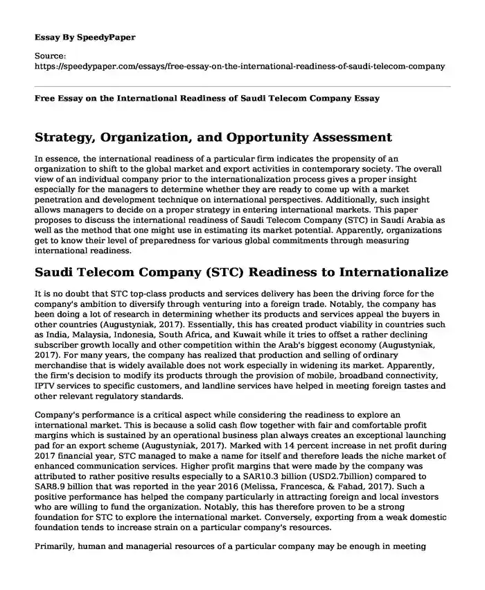 Free Essay on the International Readiness of Saudi Telecom Company