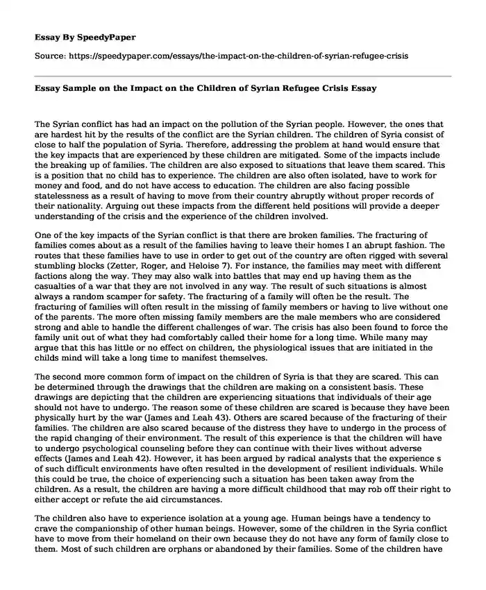 Essay Sample on the Impact on the Children of Syrian Refugee Crisis