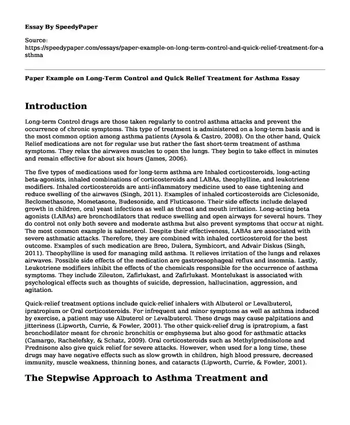 Paper Example on Long-Term Control and Quick Relief Treatment for Asthma