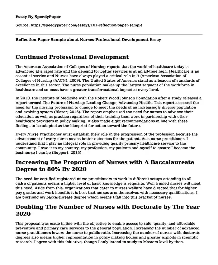 Reflection Paper Sample about Nurses Professional Development