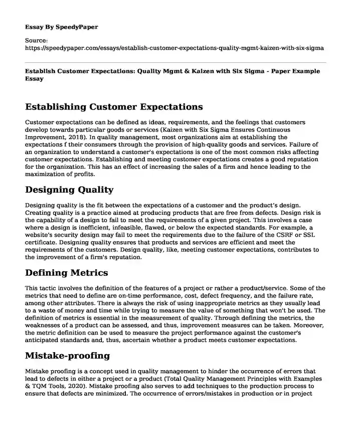 Establish Customer Expectations: Quality Mgmt & Kaizen with Six Sigma - Paper Example