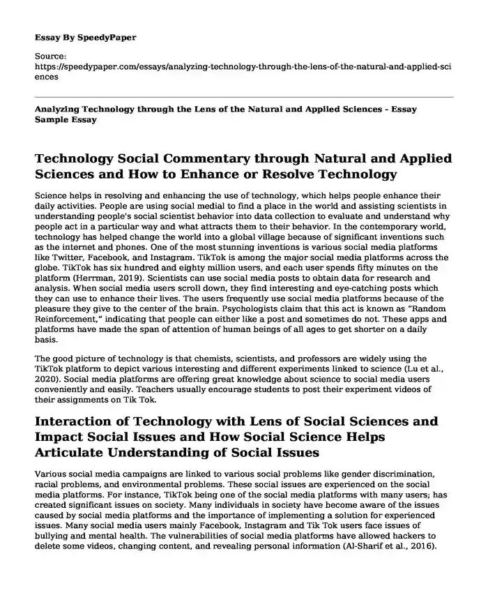 Analyzing Technology through the Lens of the Natural and Applied Sciences - Essay Sample