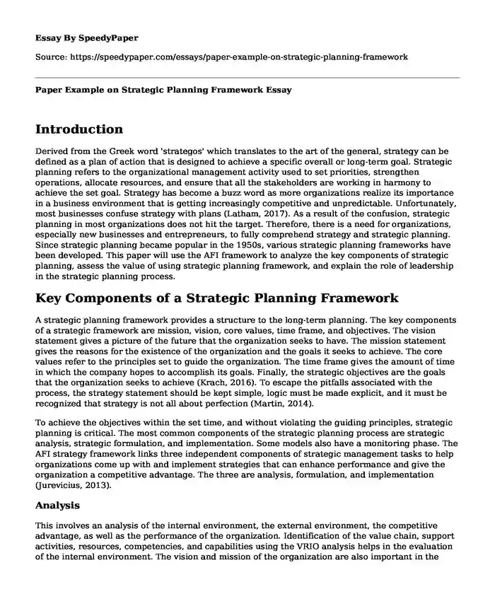 Paper Example on Strategic Planning Framework