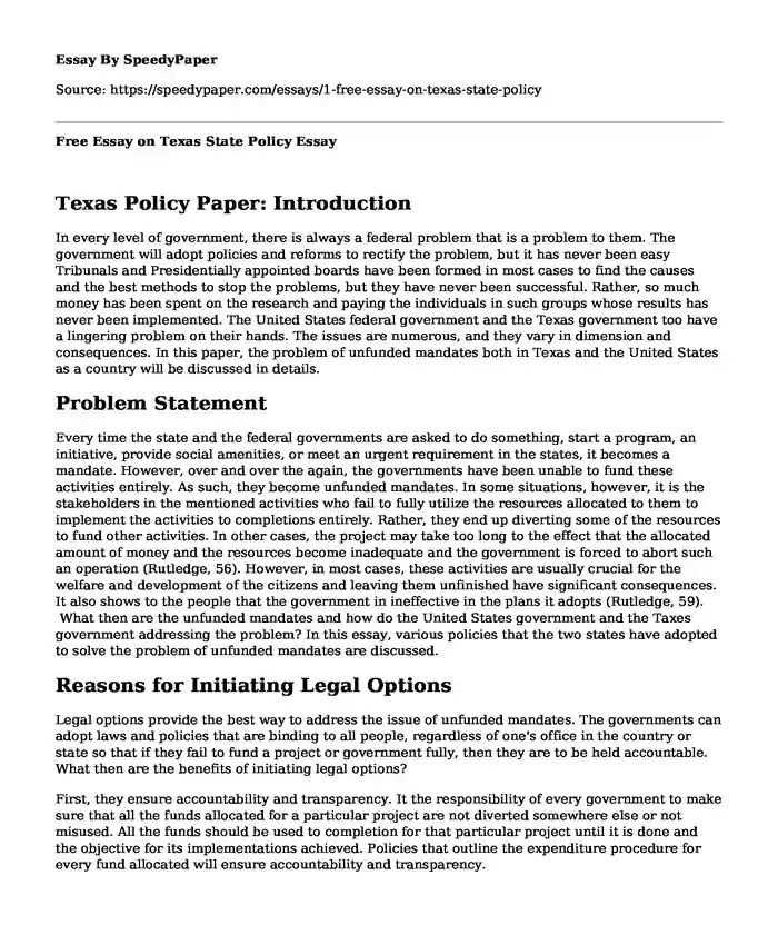 Free Essay on Texas State Policy