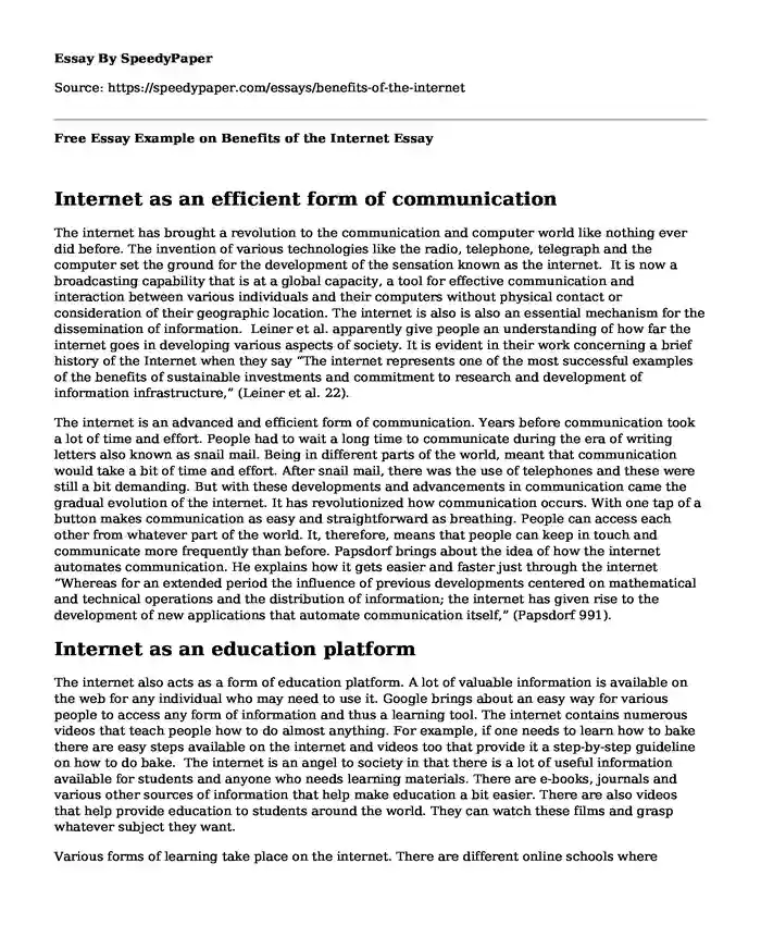 Free Essay Example on Benefits of the Internet