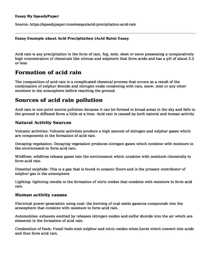 Essay Example about Acid Precipitation (Acid Rain)