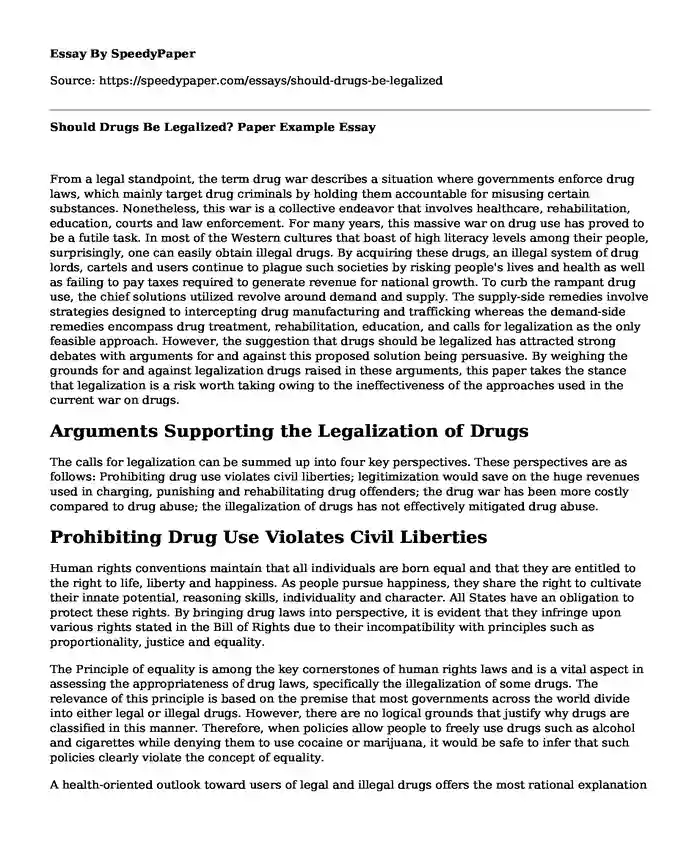 Should Drugs Be Legalized? Paper Example
