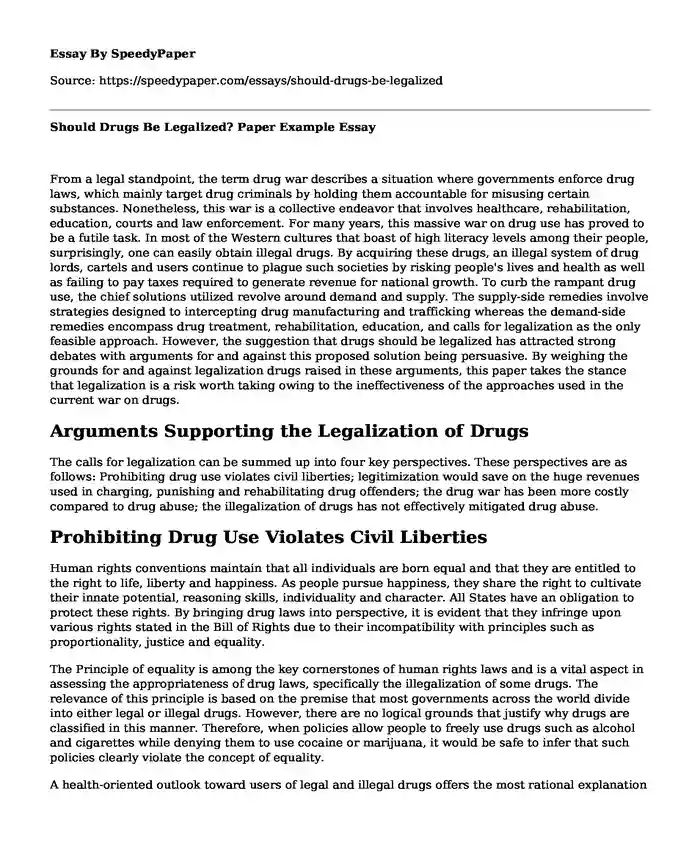 why drugs should not be legalized essay