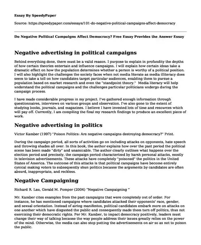 Do Negative Political Campaigns Affect Democracy? Free Essay Provides the Answer