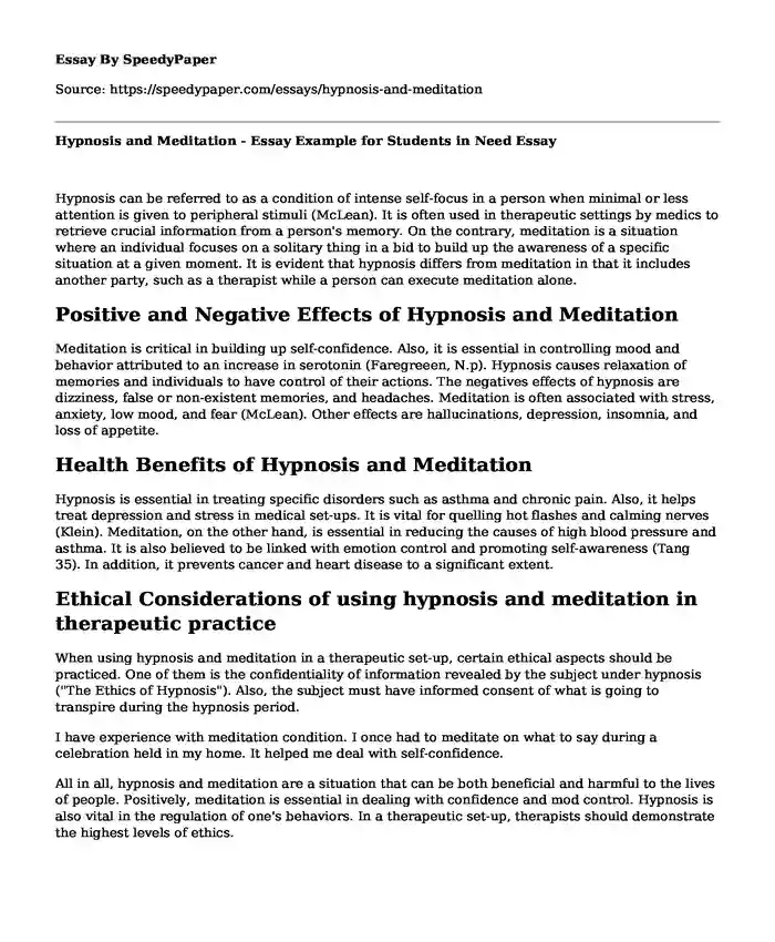 Hypnosis and Meditation - Essay Example for Students in Need