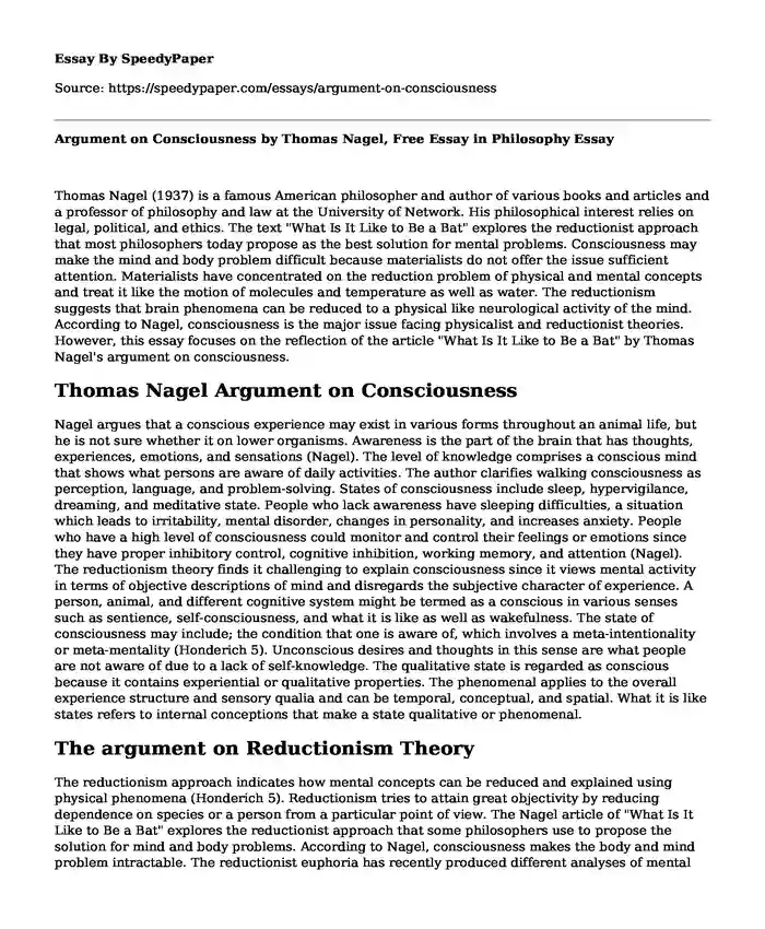 Argument on Consciousness by Thomas Nagel, Free Essay in Philosophy