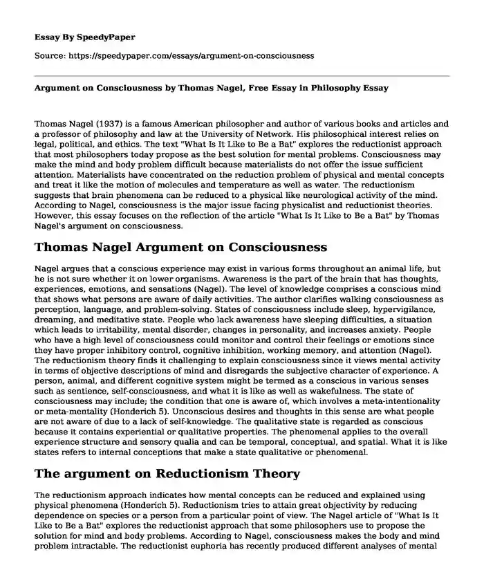 📌 Argument on Consciousness by Thomas Nagel, Free Essay in Philosophy ...