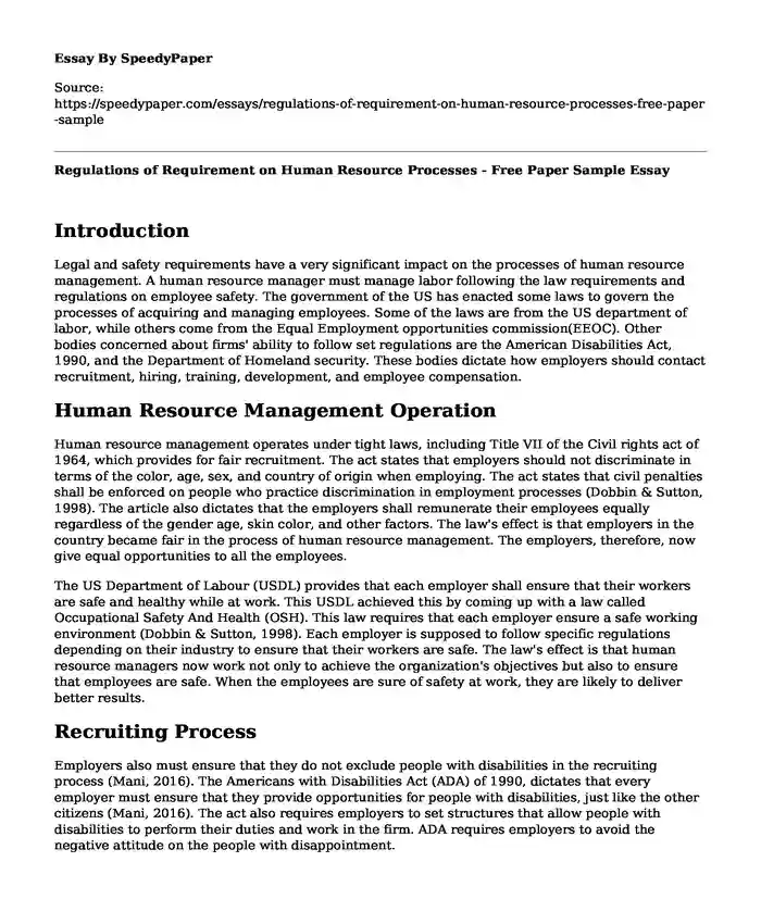 Regulations of Requirement on Human Resource Processes - Free Paper Sample