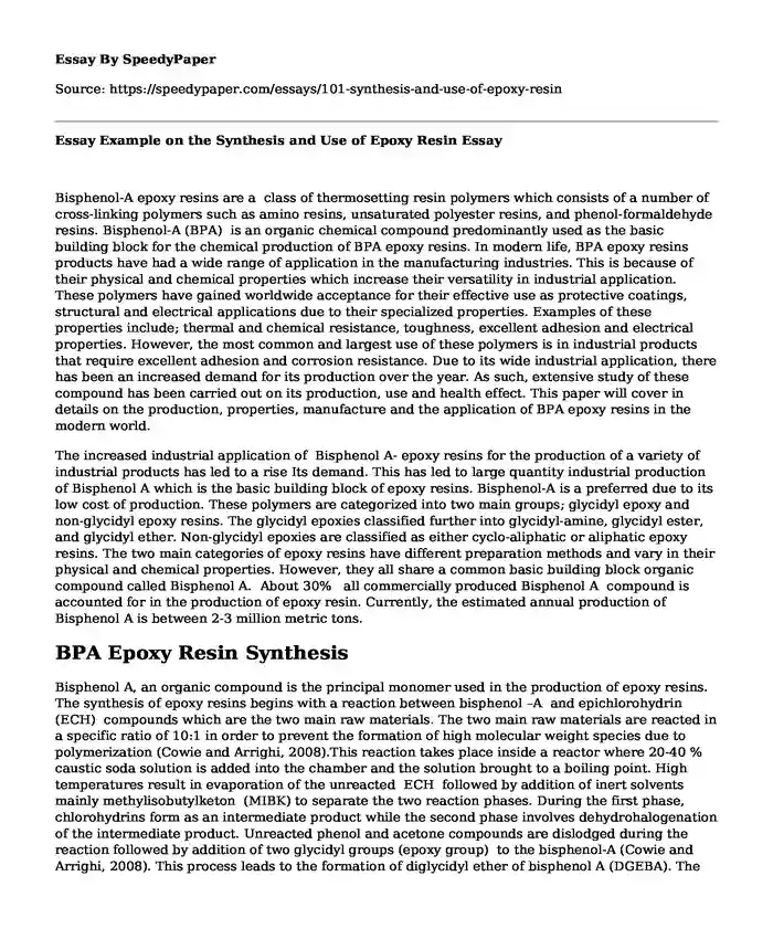 Essay Example on the Synthesis and Use of Epoxy Resin