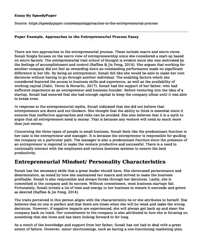 Paper Example. Approaches to the Entrepreneurial Process