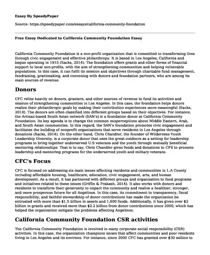 Free Essay Dedicated to California Community Foundation
