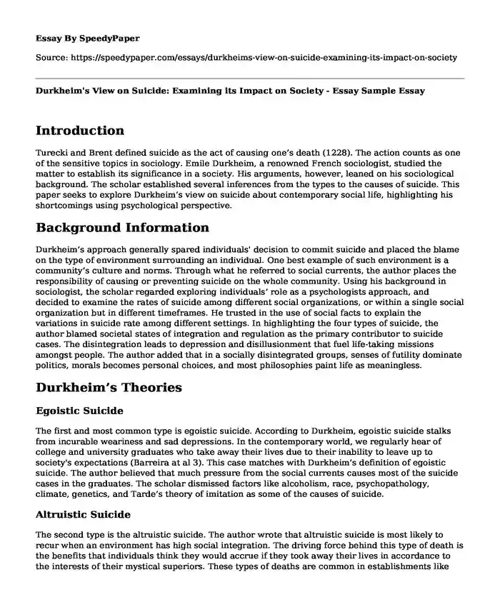 Durkheim's View on Suicide: Examining its Impact on Society - Essay Sample