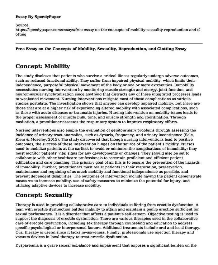 Free Essay on the Concepts of Mobility, Sexuality, Reproduction, and Clotting