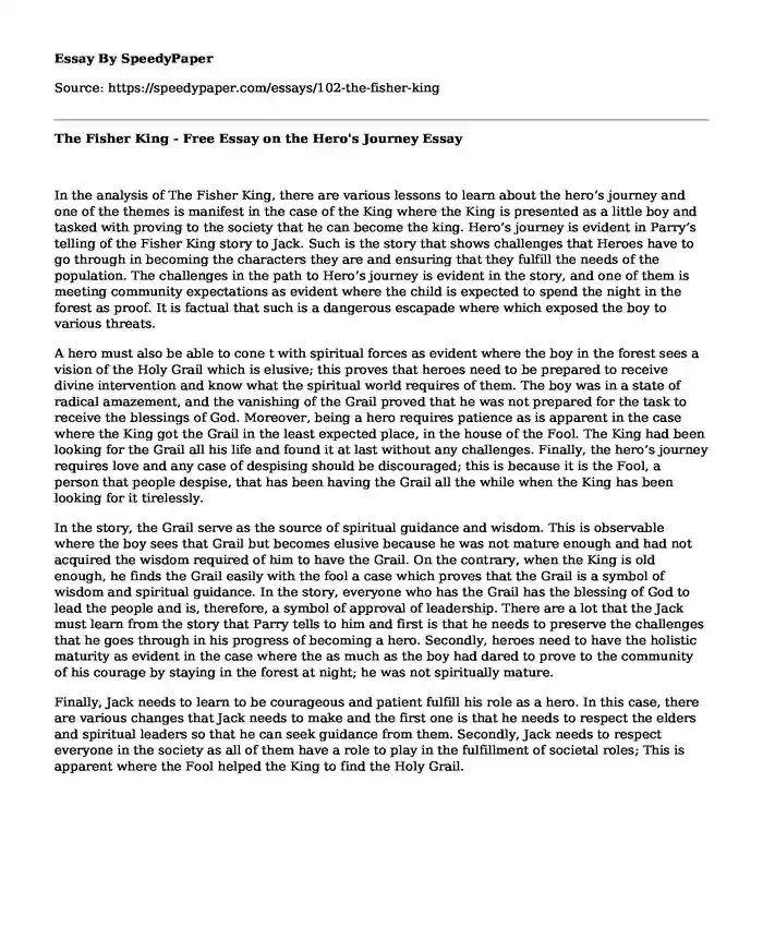 The Fisher King - Free Essay on the Hero's Journey