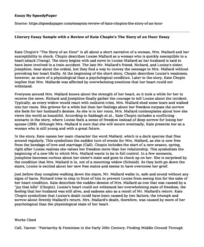 Literary Essay Sample with a Review of Kate Chopin's The Story of an Hour