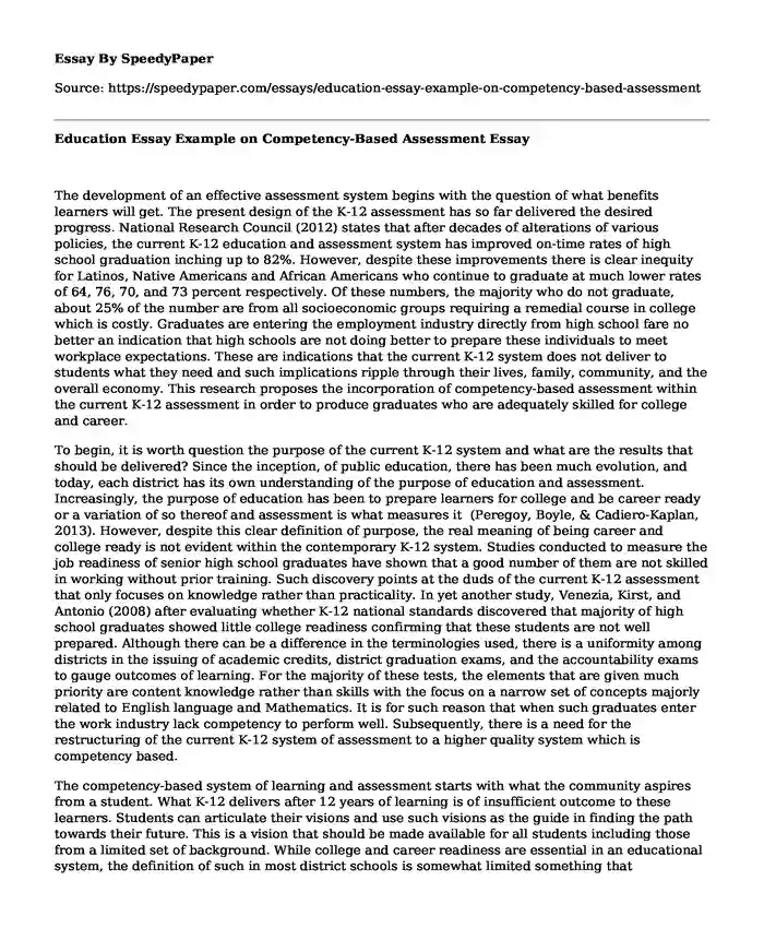 Education Essay Example on Competency-Based Assessment
