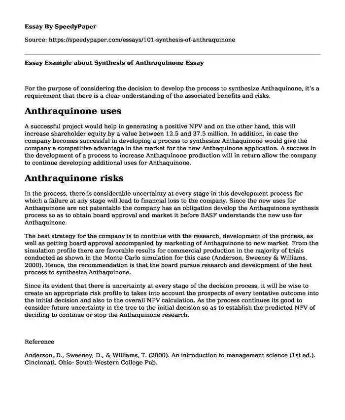 Essay Example about Synthesis of Anthraquinone