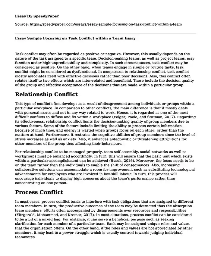 Essay Sample Focusing on Task Conflict within a Team