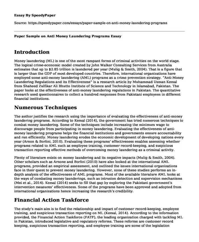 Paper Sample on Anti Money Laundering Programs